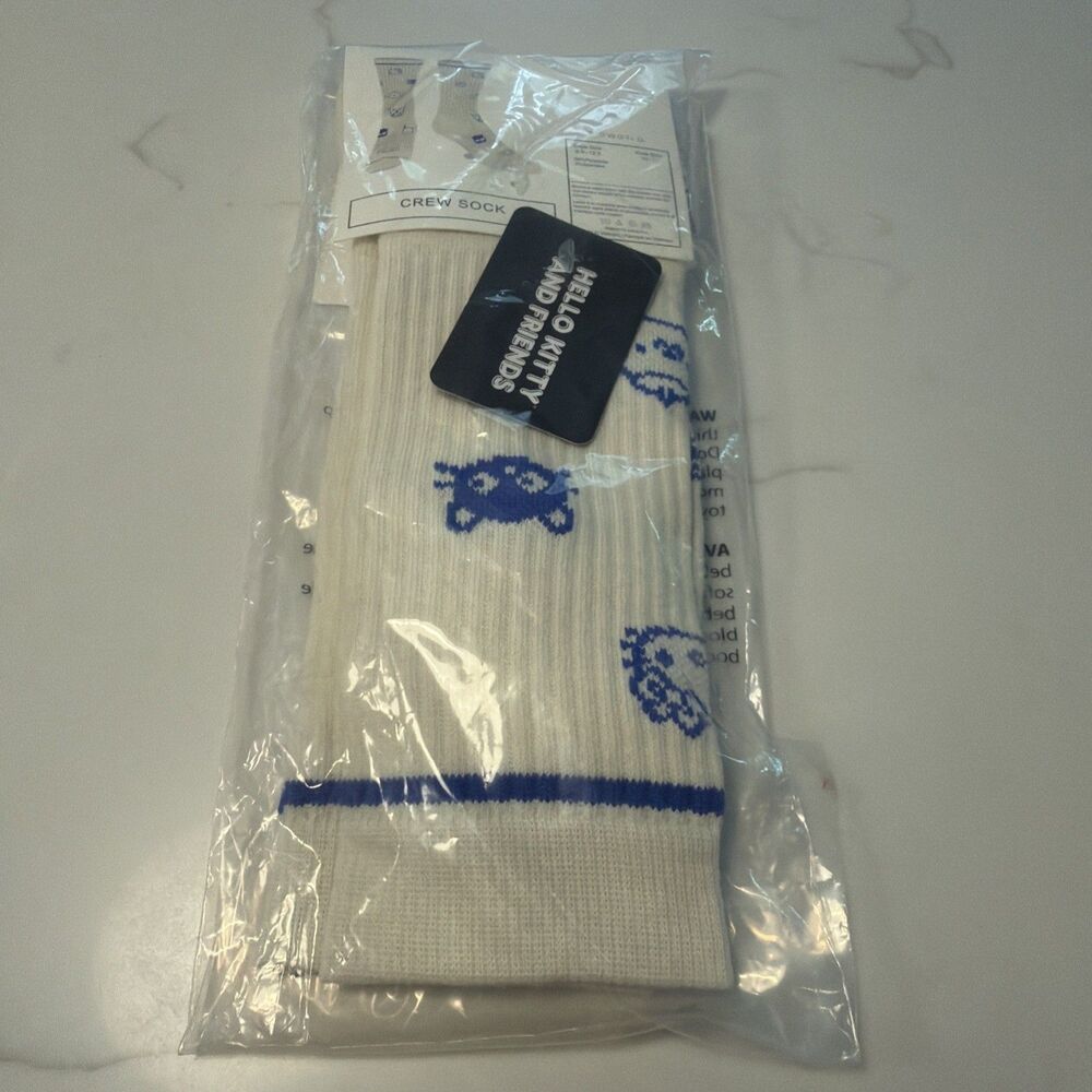 Hello Kitty  Crew Socks White/Blue - Shoe Size 6.5 -12.5 -Sock Size 10-13